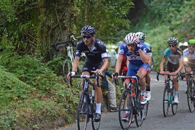Kristian House (Rapha Condor) leads the 5-man break up the second category climb of Mamhead