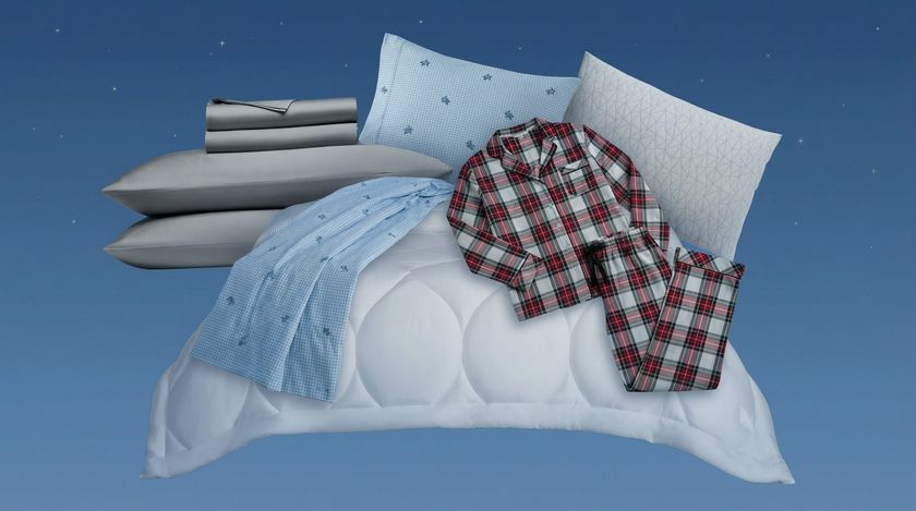 A collage of bedding and pajamas on a night sky background. 