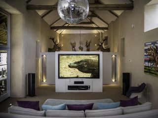 large movie room in barn conversion, beams, glitter ball, tv/media centre, stag heads, seating