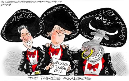 Political cartoon U.S. trade deal NAFTA Trump Mexico Wall Street Three Amigos