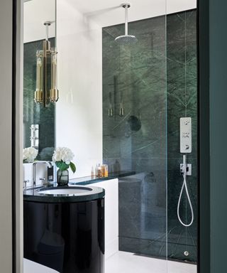 A bathroom with a walk-in shower clad with emerald green marble