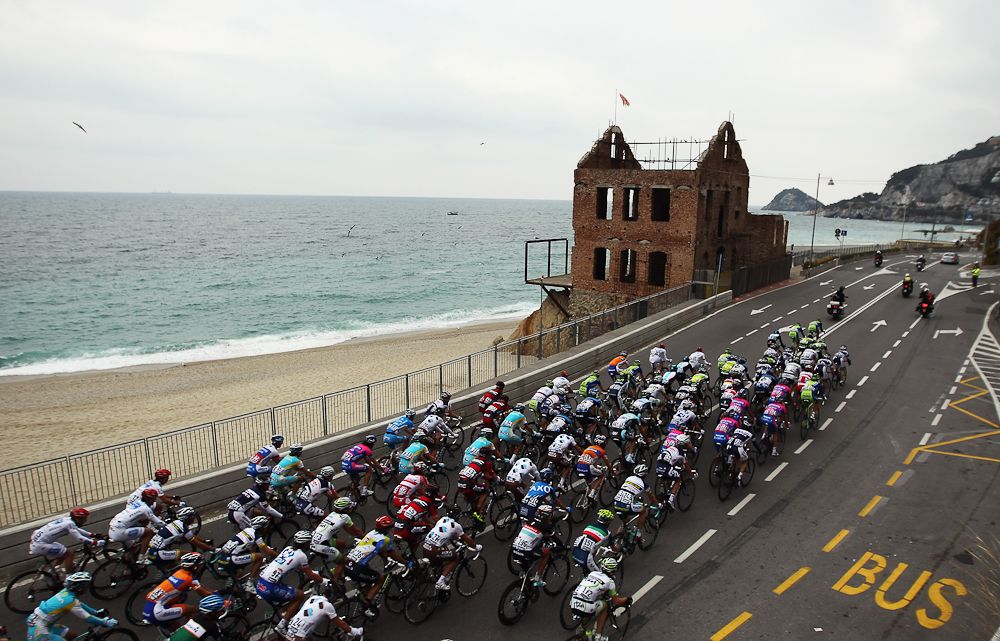 The peloton make their way along the Italian coast during the 2012 Milan-San Remo