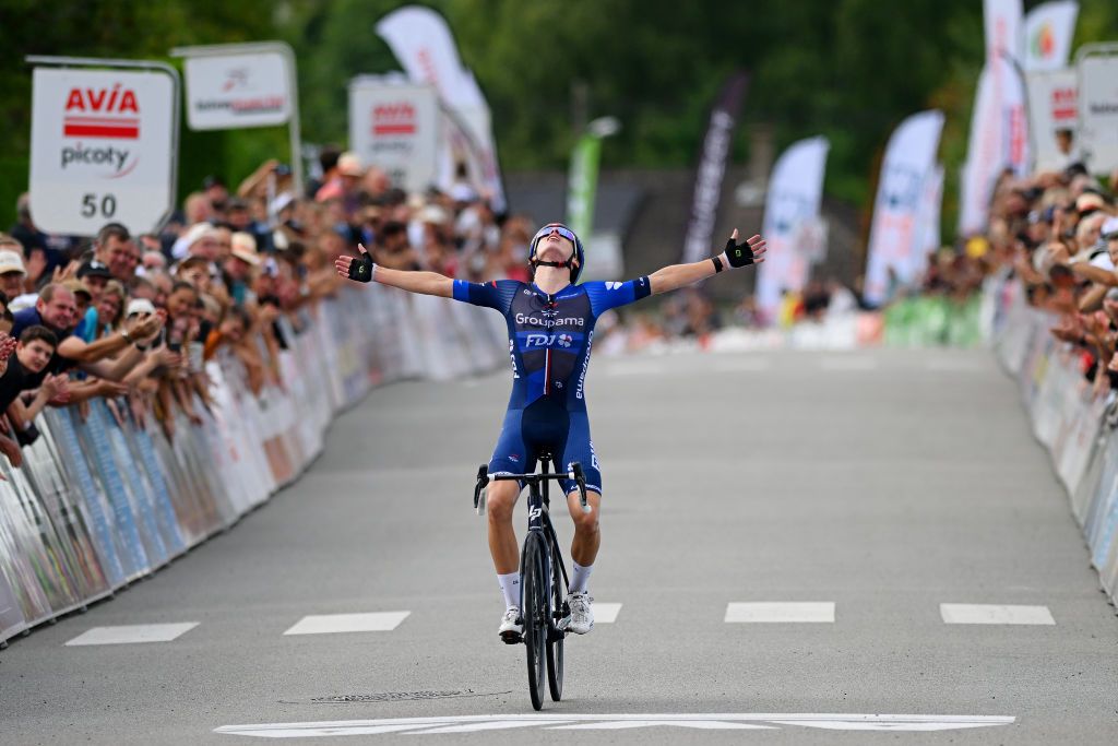 BNVENTLABBAYE FRANCE AUGUST 15 Romain Grgoire of France and Team Groupama FDJ celebrates at finish line as stage winner during the 56th Tour du LimousinPerigord Nouvelle Aquitaine 2023 Stage 1 a 1657km stage from RilhacRancon to BeneventlAbbaye on August 15 2023 in BeneventlAbbaye France Photo by Dario BelingheriGetty Images