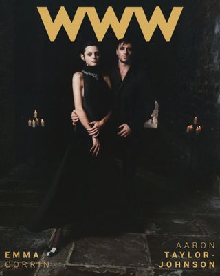 Emma Corrin and Aaron Taylor-Johnson on the cover of Who What Wear.