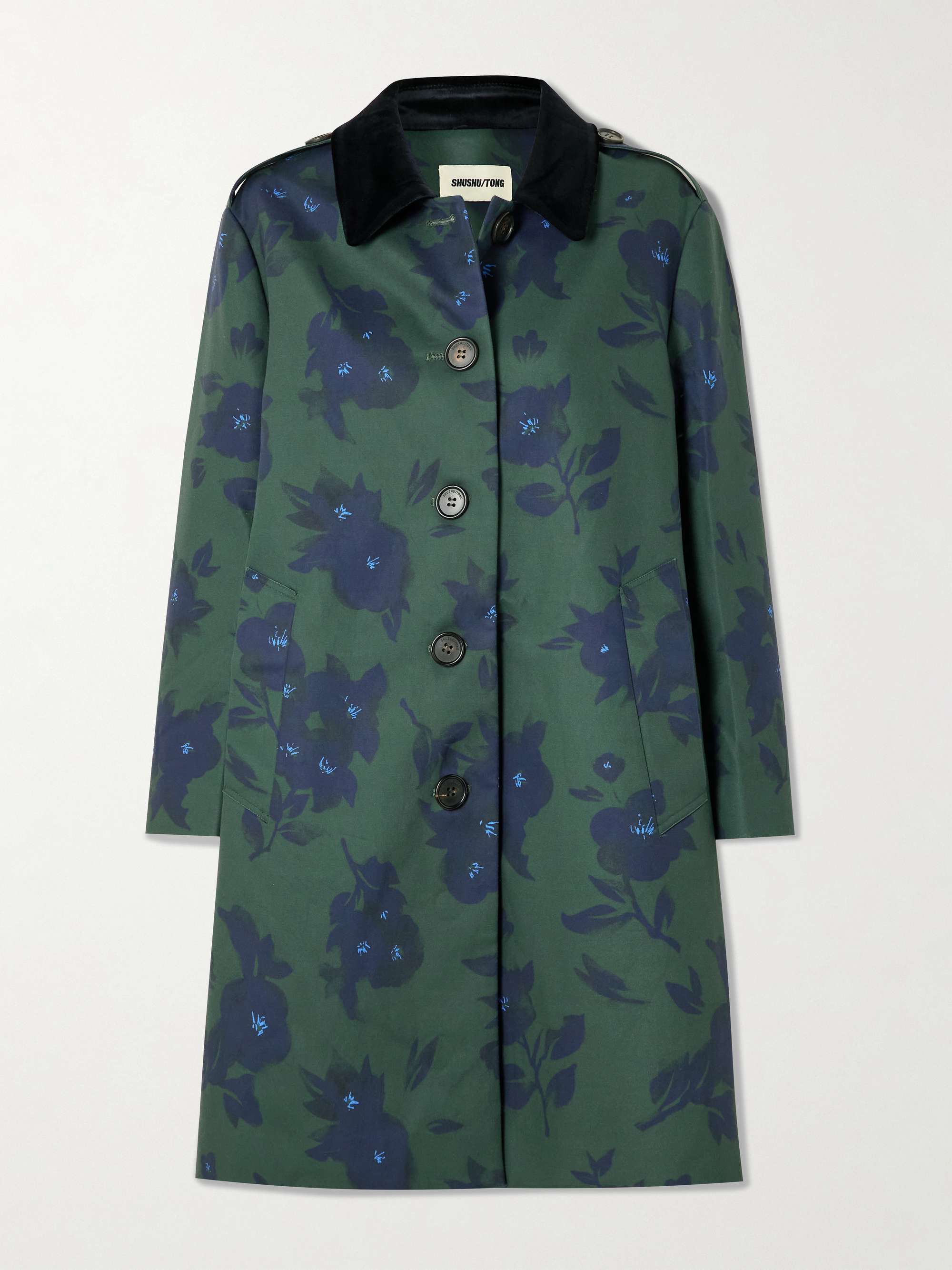 Velvet-Trimmed Floral-Print Woven Trench Coat