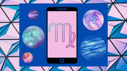 virgo season memes feature image; a phone with a picture of the virgo symbol on a multicolored background with planets