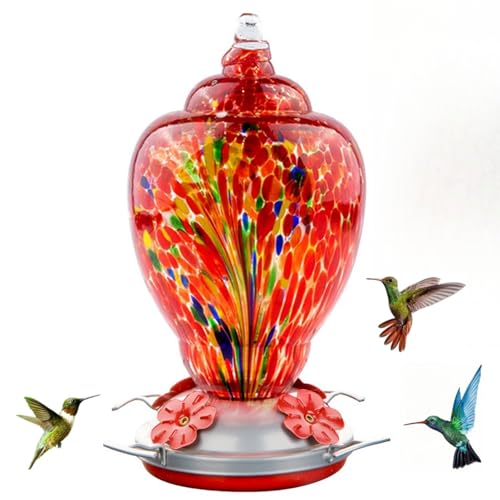 Wosibo Hummingbird Feeder for Outdoors Patio Large 32 Ounces Colorful Hand Blown Glass Hummingbird Feeder With Ant Moat Hanging Hook, Rope, Brush and Service Card (red-Firework)