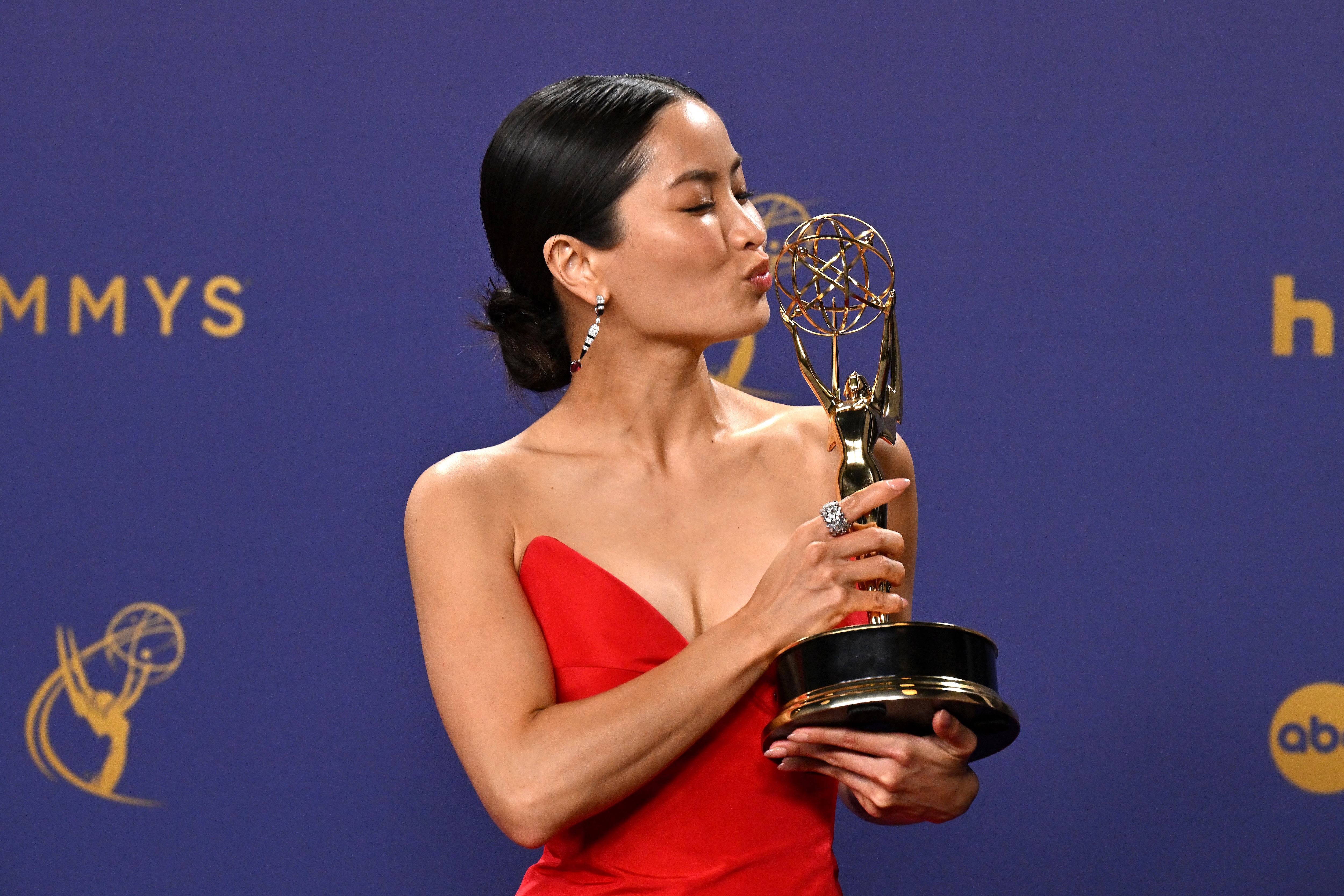 Japanese actress Anna Sawai winner of the Outstanding Lead Actress in a Drama Series award for &quot;Shogun&quot; poses in the press room during the 76th Emmy Awards at the Peacock Theatre at L.A. Live in Los Angeles on September 15, 2024. (Photo by Robyn Beck / AFP)