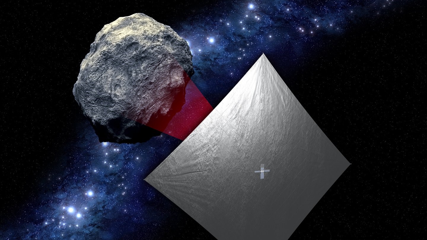 An artist's depiction of NEA Scout riding its solar sail past a small asteroid.