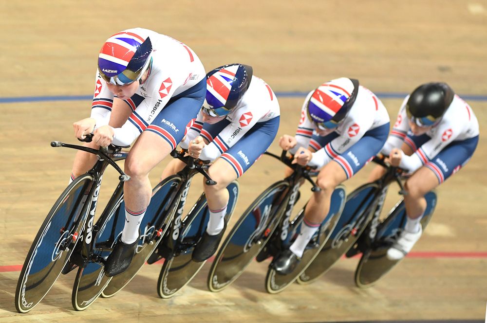 Great Britain's team compete during women's team persuit 1st round competition during at the UCI Track Cycling World Championship in Pruszkow