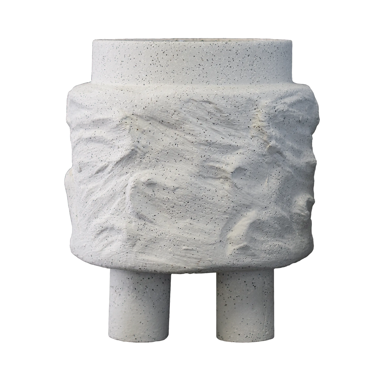 A clay flower pot with a textured papier-mâché finish