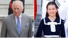Composite of a picture of King Charles in 2025 and a picture of Princess Charlotte at Trooping the Colour 2024