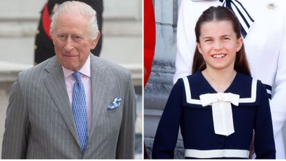 Composite of a picture of King Charles in 2025 and a picture of Princess Charlotte at Trooping the Colour 2024