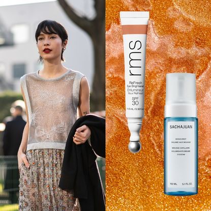 a gold background with a woman wearing red lipstick and a brunette pixie cut and silver dress next to two white bottles of mousse and under-eye concealer