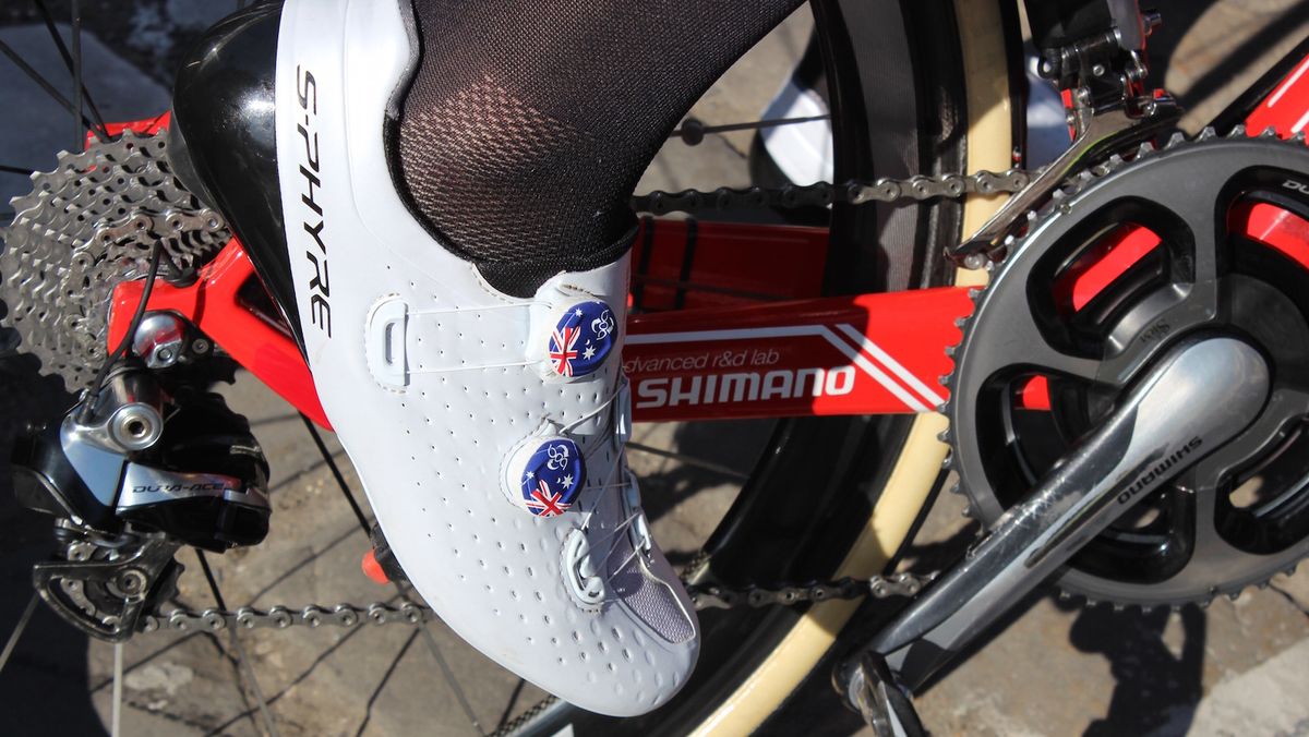 Miles Scotson has custom Australian flag BOA dials on his Shimano S-Phyre shoes following his national road title in January