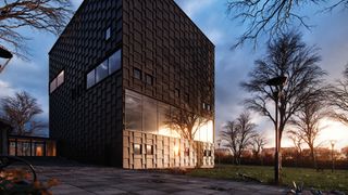 Archviz example of a building at sunset
