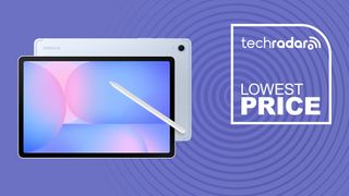 Samsung Galaxy Tab S10 FE in light blue with S Pen on purple background with TechRadar lowest price sign
