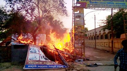 A fire burns in Mathura, India.