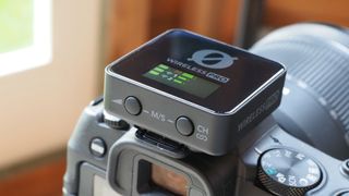 RODE Wireless Pro microphone on top of a camera