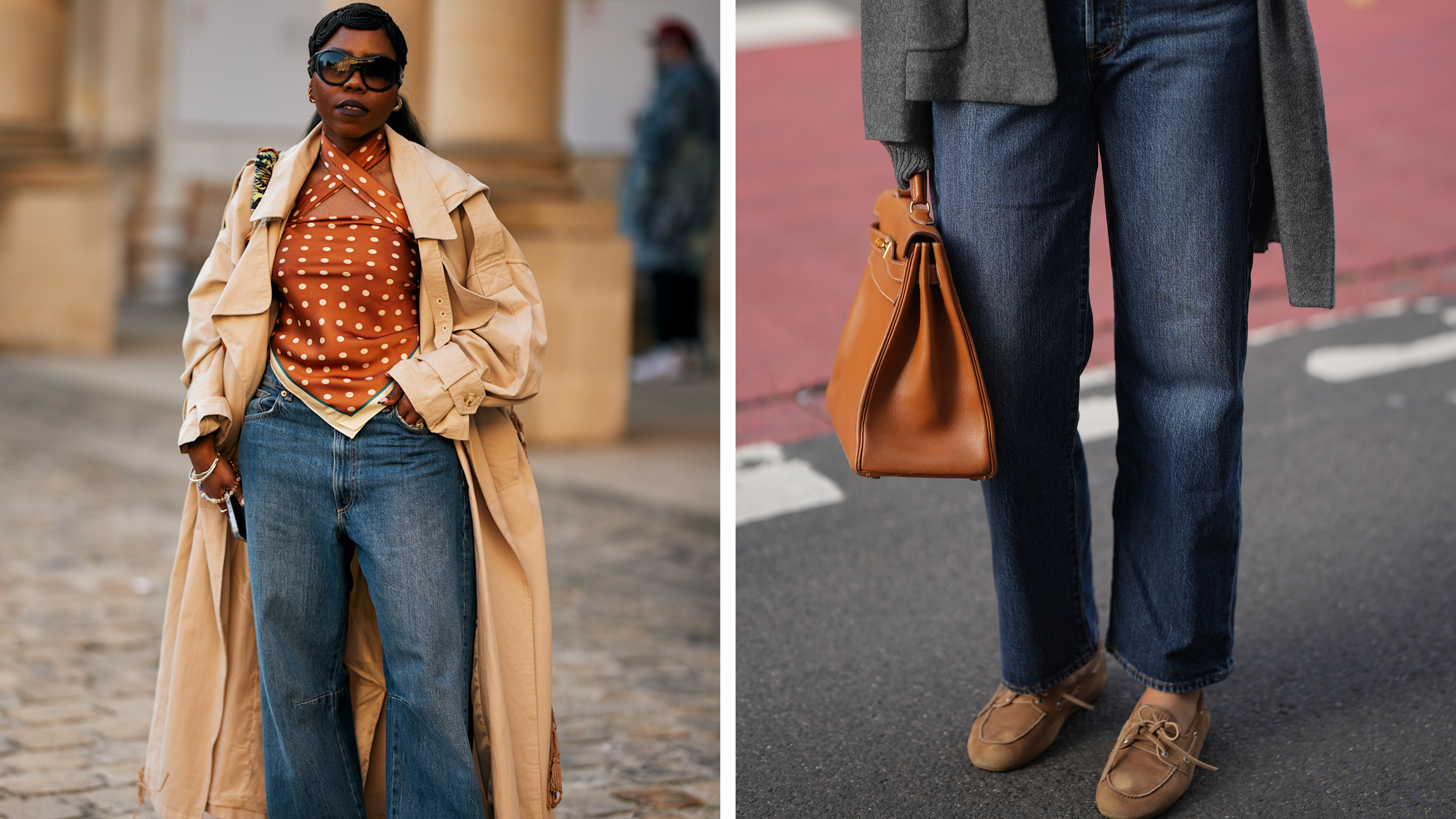 The first image is of a woman in a beige trench coat at Paris SS 26 in jeans and a silk orange top. The second image is of Patricia Wirschke in a pair of straight-leg jeans, suede boat shoes, a grey wool coat, and a camel brown leather “Kelly 32” Hermès handbag. 