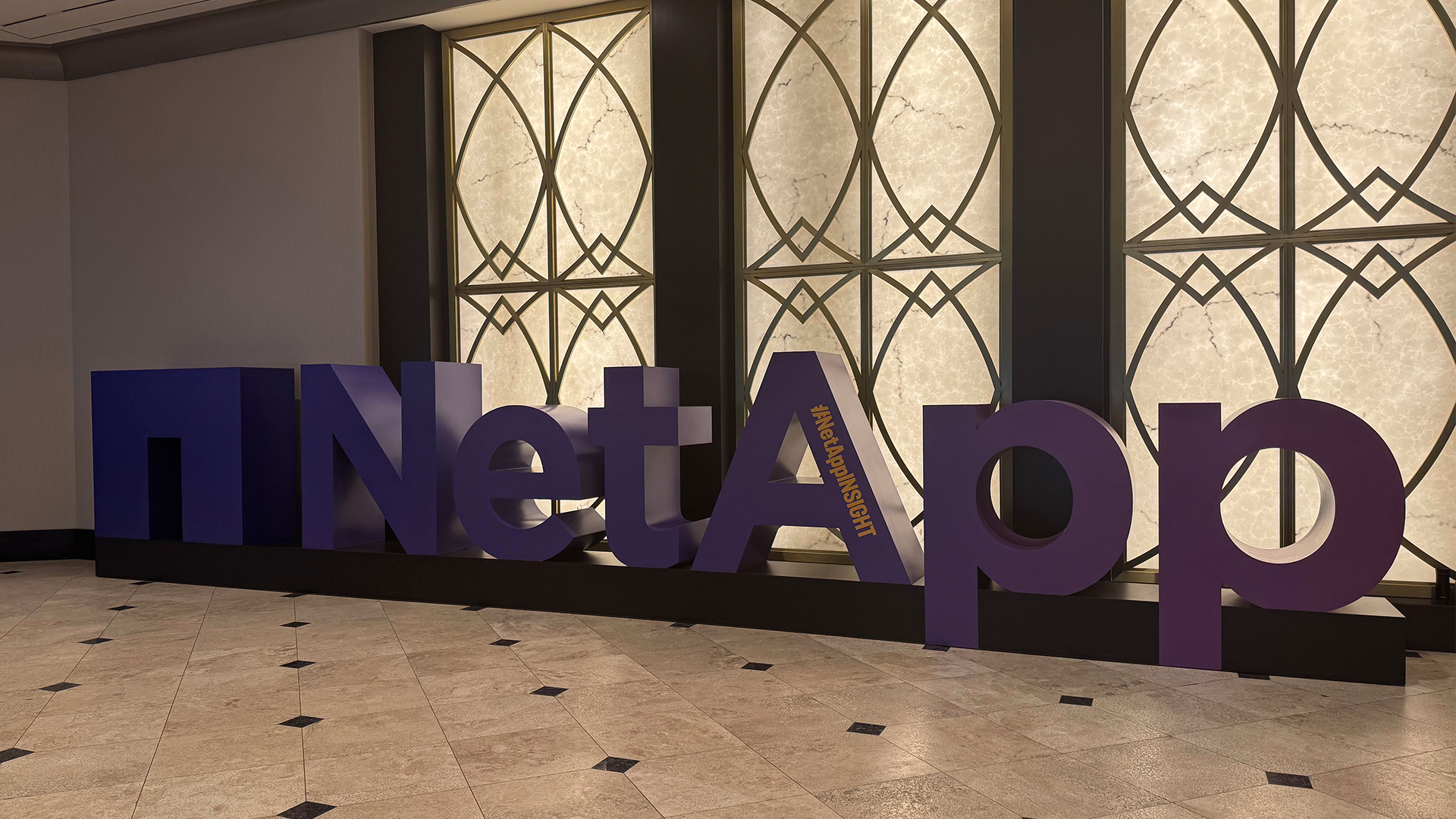 NetApp logo pictured at the MGM Grand Casino and Hotel in Las Vegas ahead of the 2026 NetApp Insight conference. 