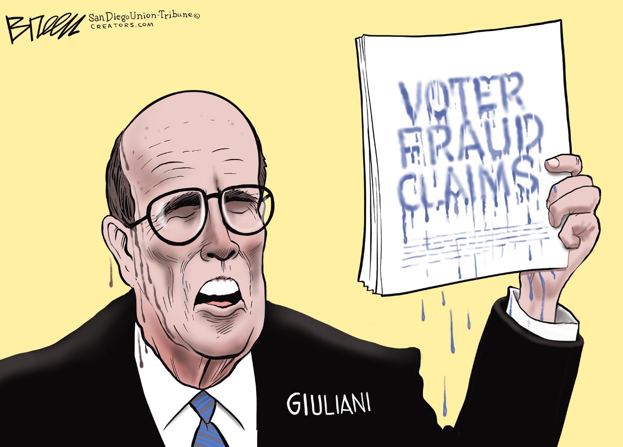 Political Cartoon U.S. Giuliani Trump press conference