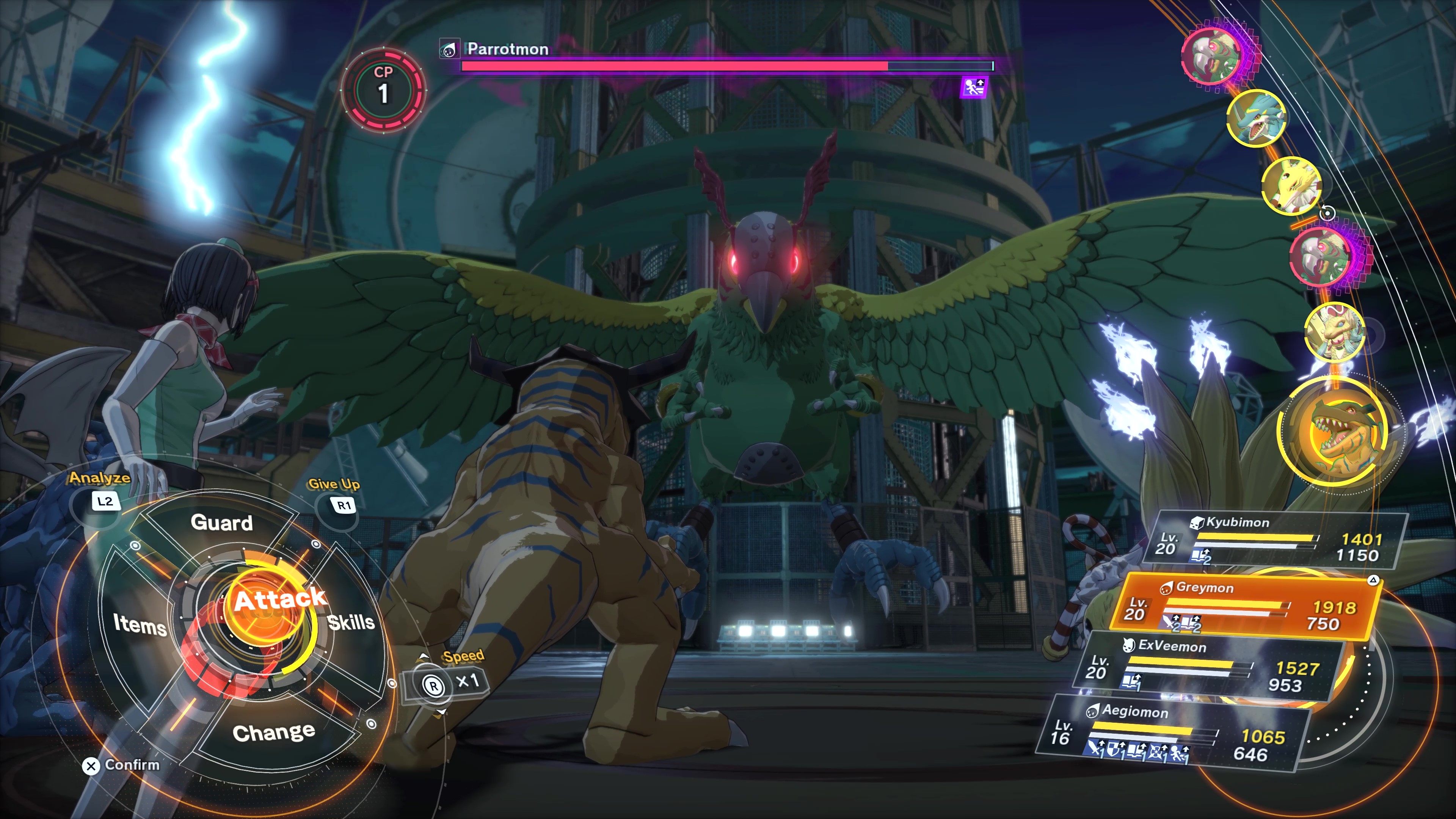 Attacking a giant parrot monster with glowing eyes