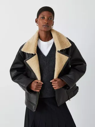 John Lewis Oversized Shearling Collar Leather Aviator Jacket, Black