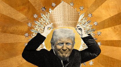 Photo collage of Donald Trump putting on a pope hat
