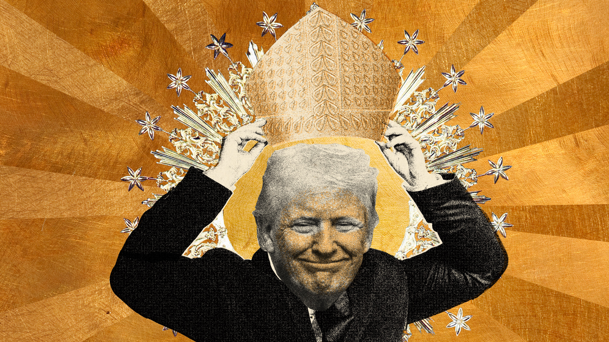 Photo collage of Donald Trump putting on a pope hat