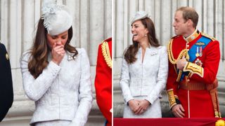 (L) Kate Middleton yawning, (R) Kate and Prince William on the Buckingham Palace balcony