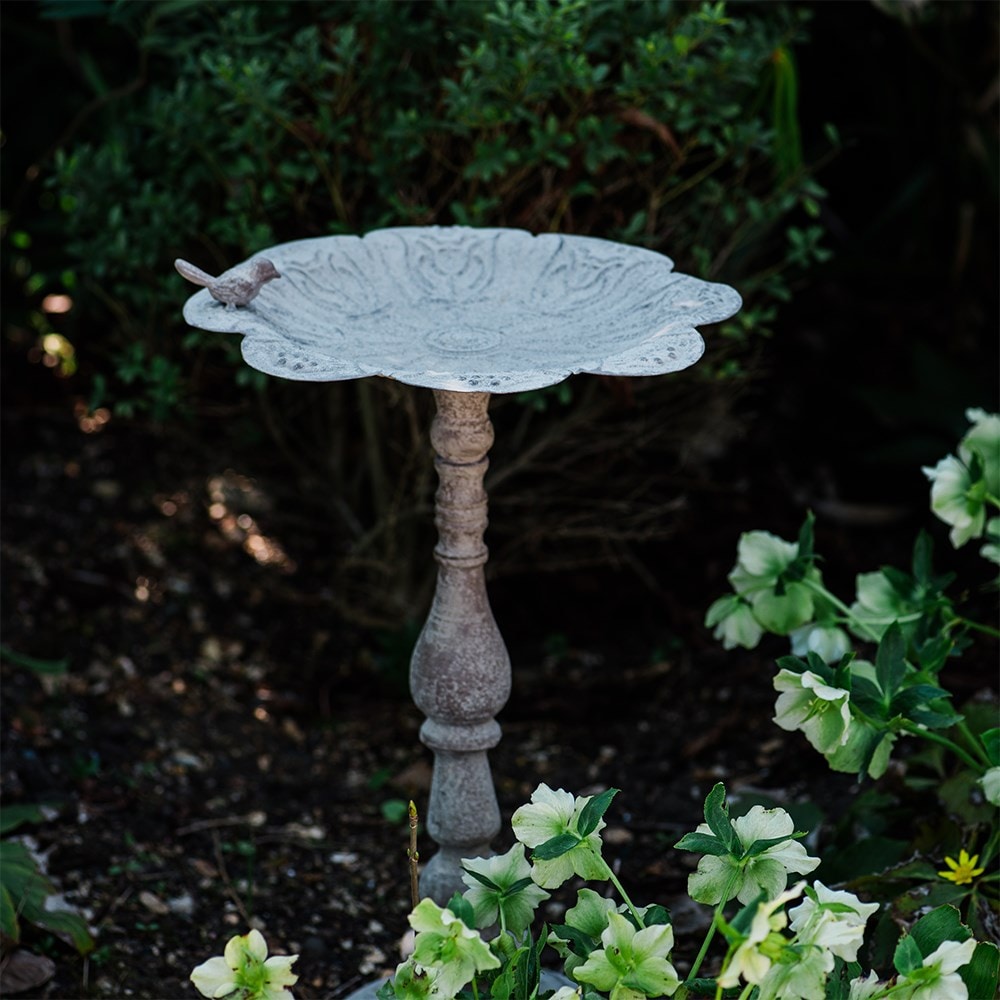 Aged Standing Bird Bath - Light Grey