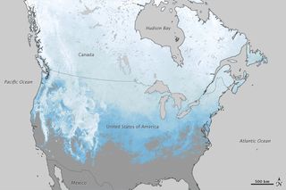 This map shows the percentage of days that a particular area had snow in North America from October 1, 2010 - March 21, 2011.