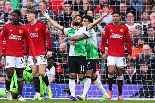 Liverpool forward Mohamed Salah celebrates after scoring against Manchester United in the FA Cup at Old Trafford in March 2024.