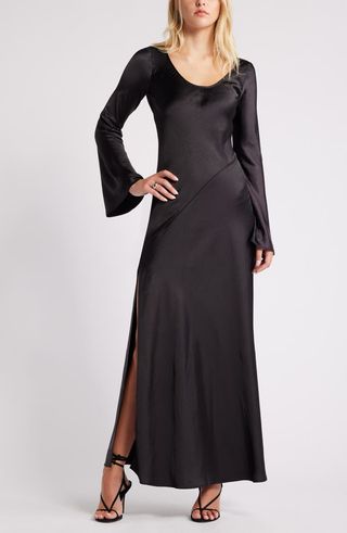 Long Sleeve Bias Cut Satin Maxi Dress