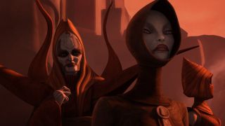 Computer animated image of three Witches of Dathomir from Star Wars (all three menacing women are wearing red cloaks with hoods and have pale faces with black markings).