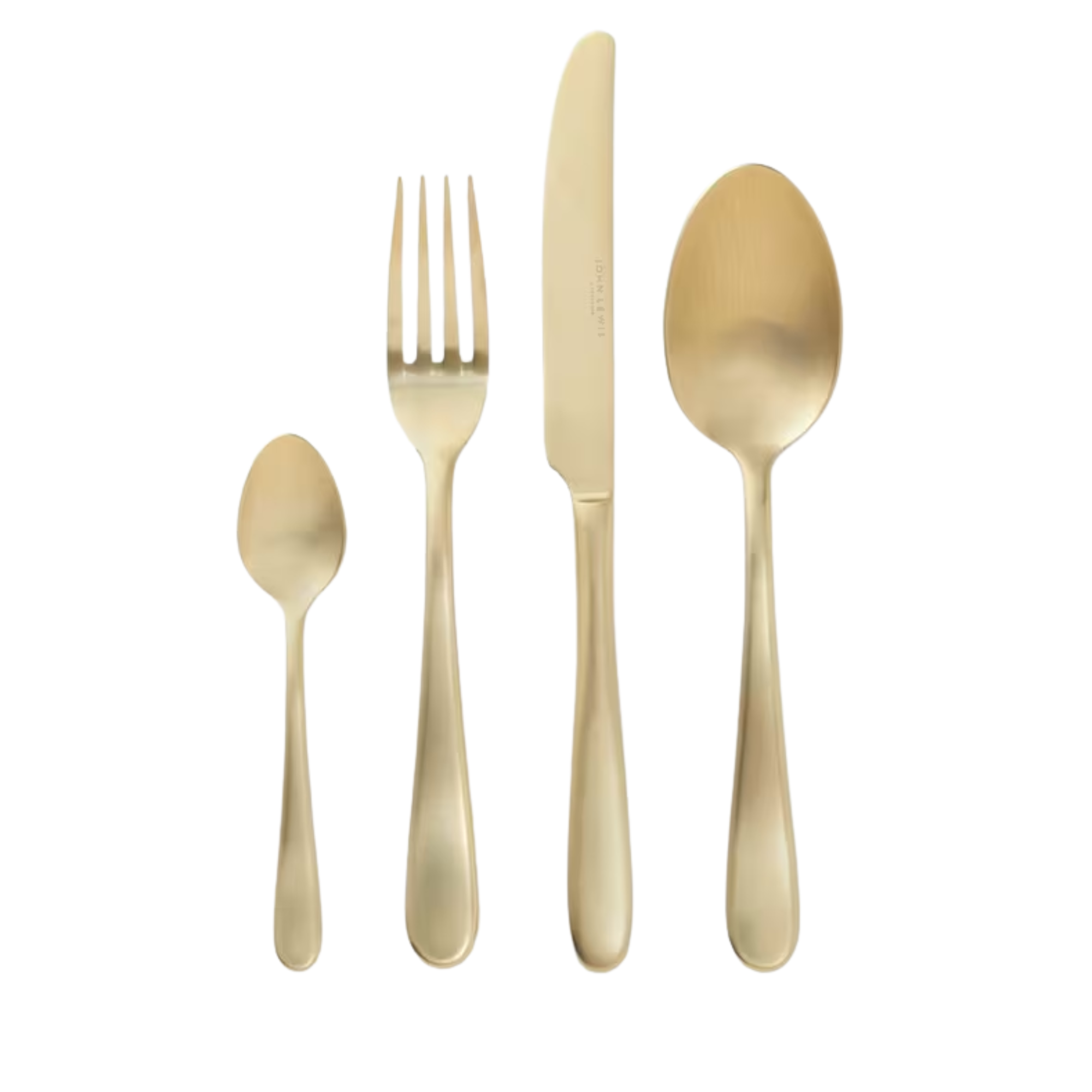 gold cutlery set with two spoons, a fork, and a knife