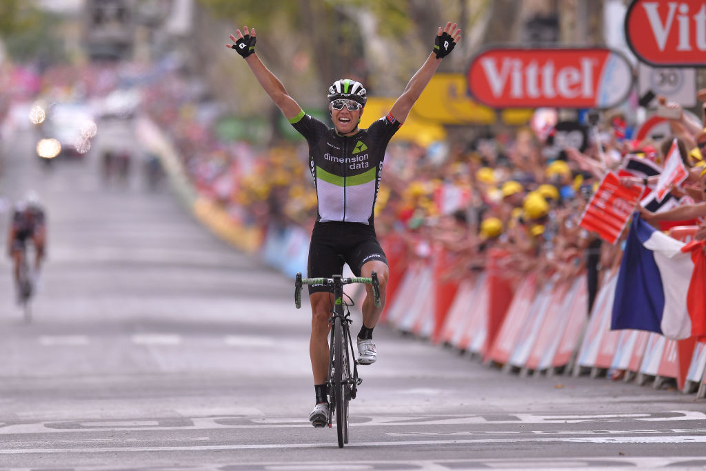 Edvald Boasson Hagen celebrates one of his three career Tour de France stage victories in 2017