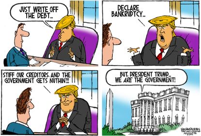 Political cartoon U.S. 2016 election President Donald Trump tax evasion White House