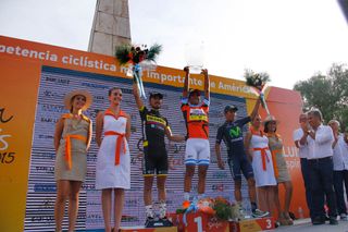 Rodolfo Torres (Colombia), Daniel Diaz (Fonvic) and Nairo Quintana (Movistar) on the podium after Stage 7 of the 2015 Tour de San Luis