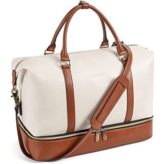 Bostanten Weekender Bags for Women Leather Travel Duffle Bag Carry on Overnight Duffel With Shoe Compartment, Beige&brown