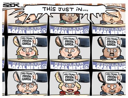 Political cartoon U.S. Trump Sinclair propaganda