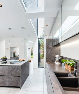 grey modern kitchen with up and over rooflight