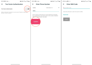 Fitbit app screenshots: the two-factor authentication toggle; the field to enter your phone number; and the field to enter the SMS confirmation code.