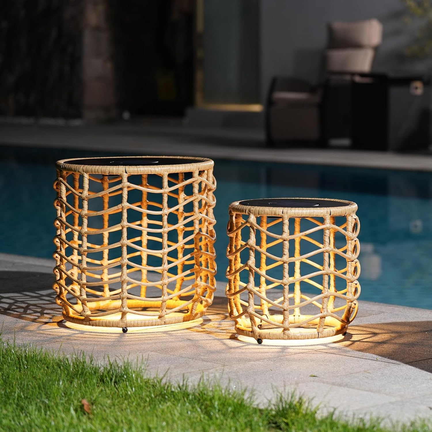 two wicker solar panel powered outdoor garden table set