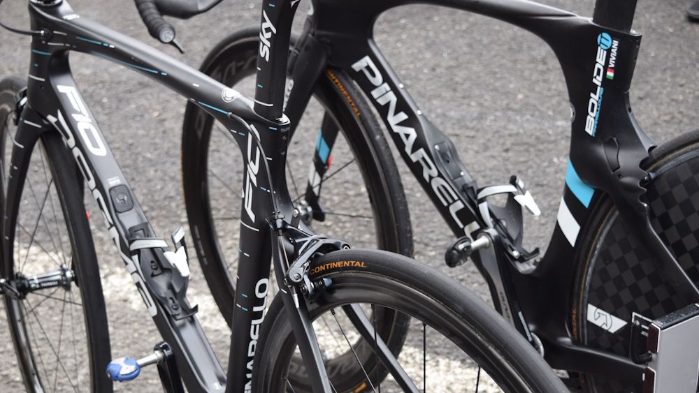 The Pinarello Dogma F10 concave downtube was originally seen on the Bolide timetrial model (right)