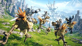 A group of players on chocobos appear on a hill for some Final Fantasy 14 A Realm Reborn artwork