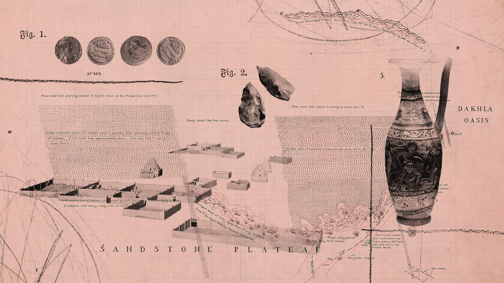 Photo collage of an archaeological dig site in Egypt, four gold Byzantine coins, tool fragments and a vase
