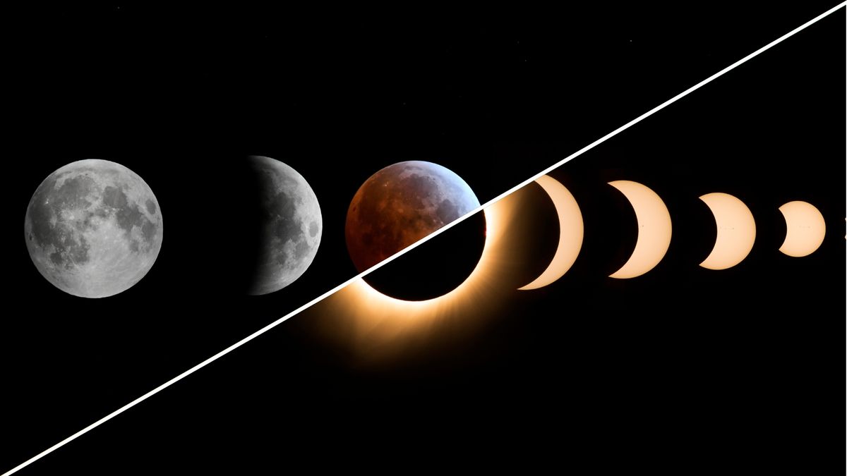 two panel image showing a lunar eclipse on the left and a solar eclipse on the right.