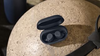 Black Jabra Elite 7 Active earbuds in their charging case on a stone ball.